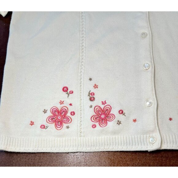 VTG Koret Short Sleeve Cardigan Button Up Pink Beige Embroidered Floral Sz LG - Picture 3 of 8